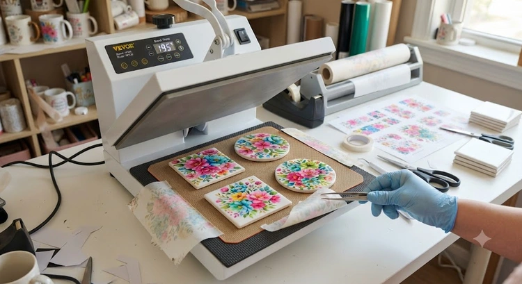 How to sublimate on coasters — vibrant ceramic tile coasters freshly pressed in a sublimation studio