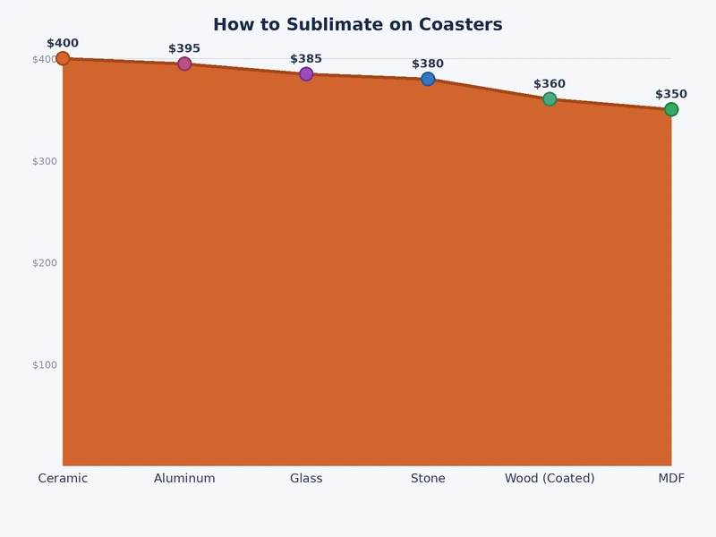 Bar chart comparing press temperature and time settings for ceramic, neoprene, hardboard, and aluminum coaster sublimation