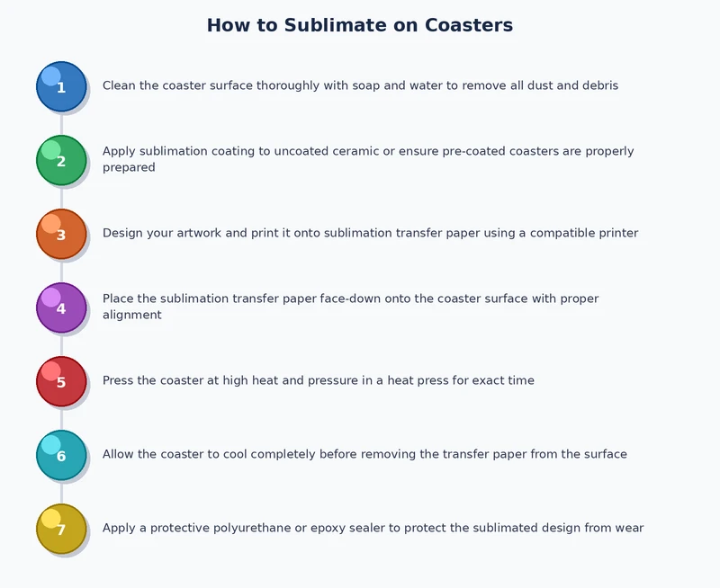 Step-by-step process diagram showing how to sublimate on coasters from design file preparation to finished pressed coaster product