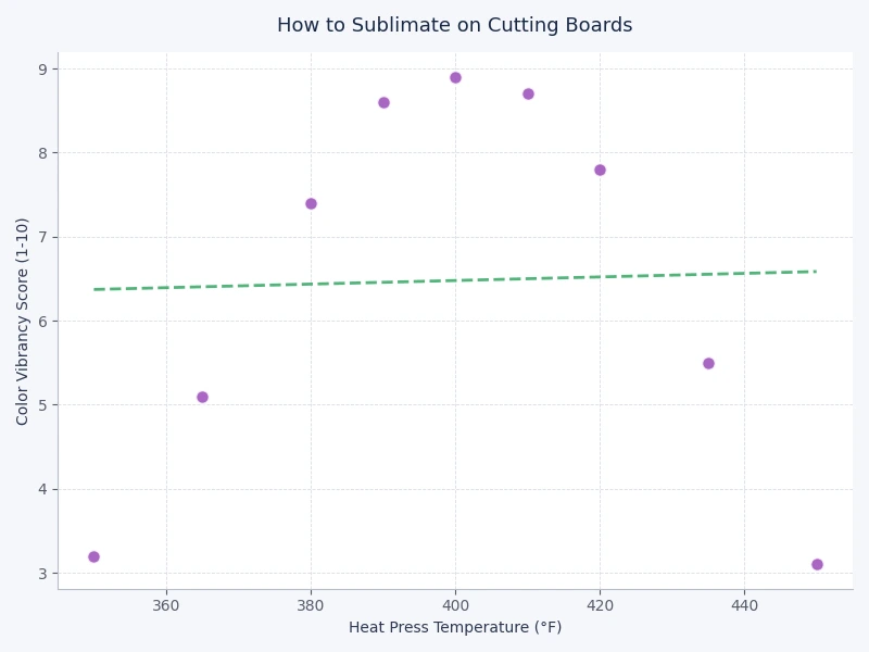 Bar chart comparing sublimation press temperature and dwell time settings across different cutting board sizes and thicknesses