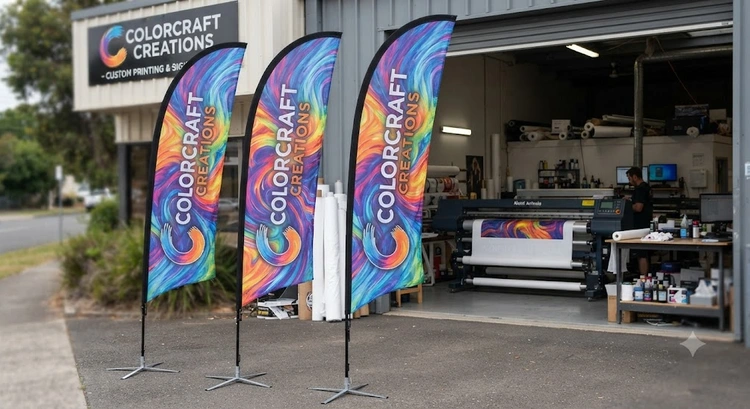 sublimation on flags showing vivid full-bleed color on polyester fabric after heat press