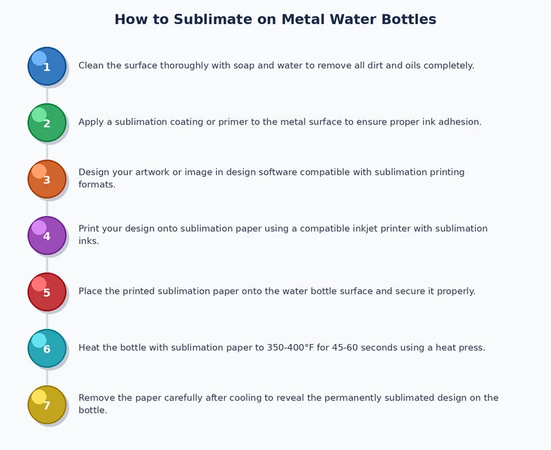 step by step process diagram for how to sublimate on metal water bottles showing design print wrap press peel steps