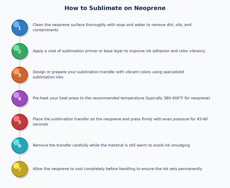 step-by-step process diagram showing how to sublimate on neoprene from design to peel