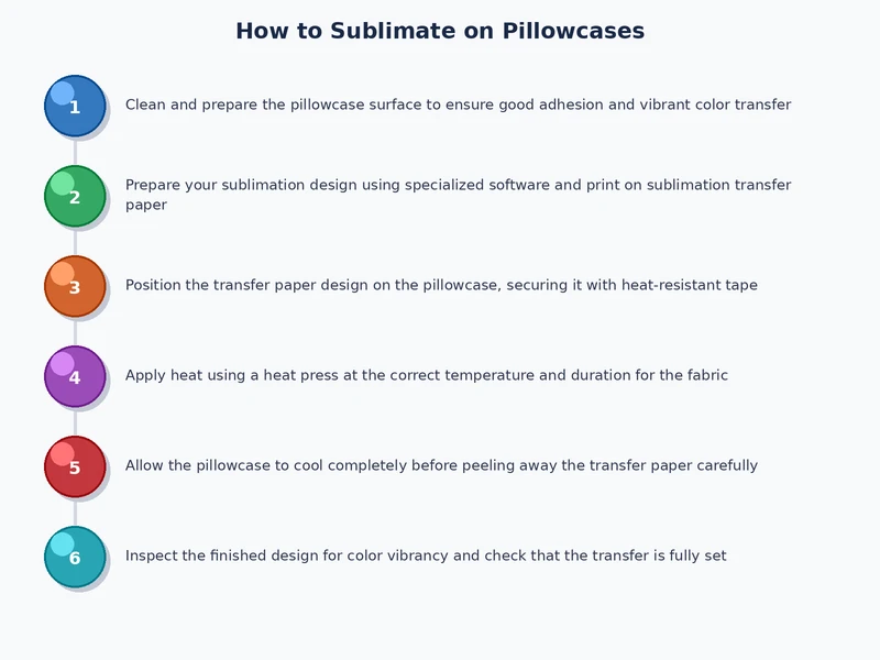 step by step process diagram showing how to sublimate on pillowcases from design prep to finished product