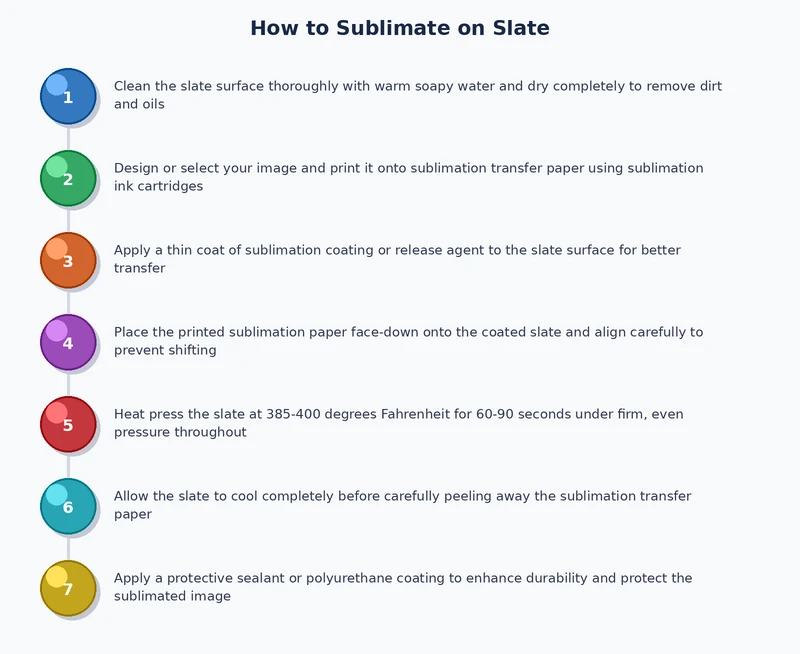 slate sublimation process diagram showing pre-press, transfer application, heat press, and peel steps