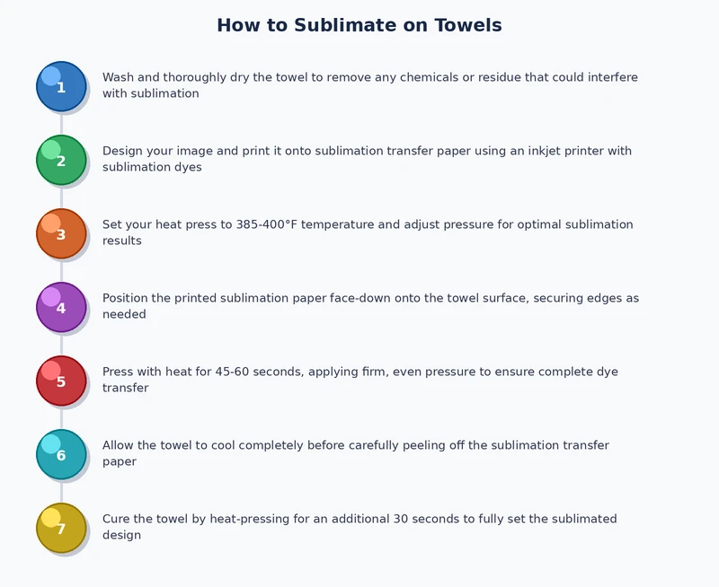 process diagram showing the six steps to sublimate on towels including pre-press lint roll tape press and peel