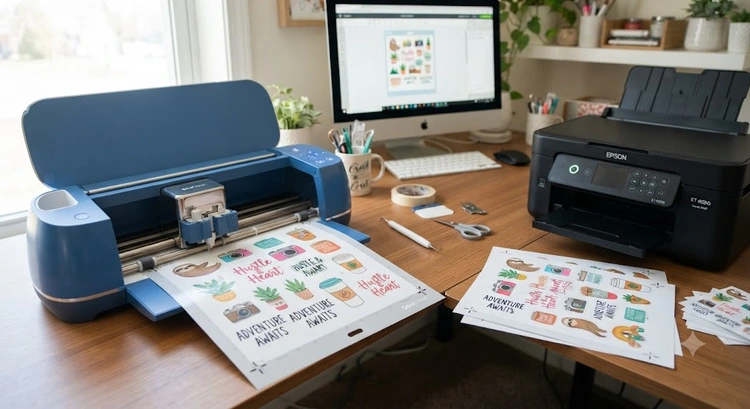 Print Then Cut Cricut setup showing printed sticker sheet aligned on cutting mat