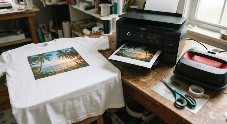 printable heat transfer vinyl sheets laid next to printed shirt designs on a craft table