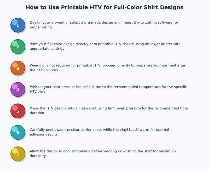 step-by-step process diagram showing printable heat transfer vinyl workflow from design to finished shirt