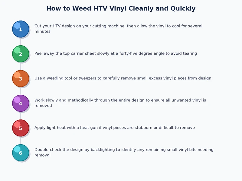 Process diagram showing HTV vinyl weeding steps from trimming the sheet to removing interior cutouts