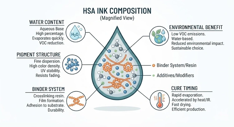 HSA ink screen printing process infographic showing high solid acrylic workflow from screen prep to final cure