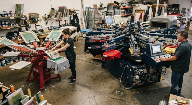 Manual vs automatic screen printing press side-by-side in a print shop