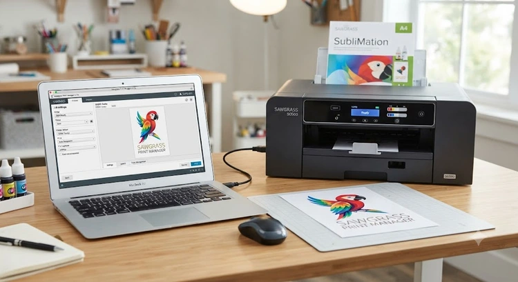 Sawgrass SG500 printer setup for sublimation with ink cartridges and sublimation paper loaded