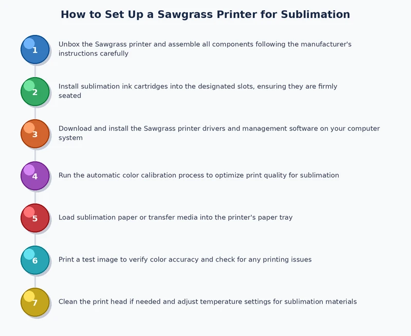 Sawgrass sublimation setup process diagram showing driver installation, ICC profile loading, and nozzle check sequence