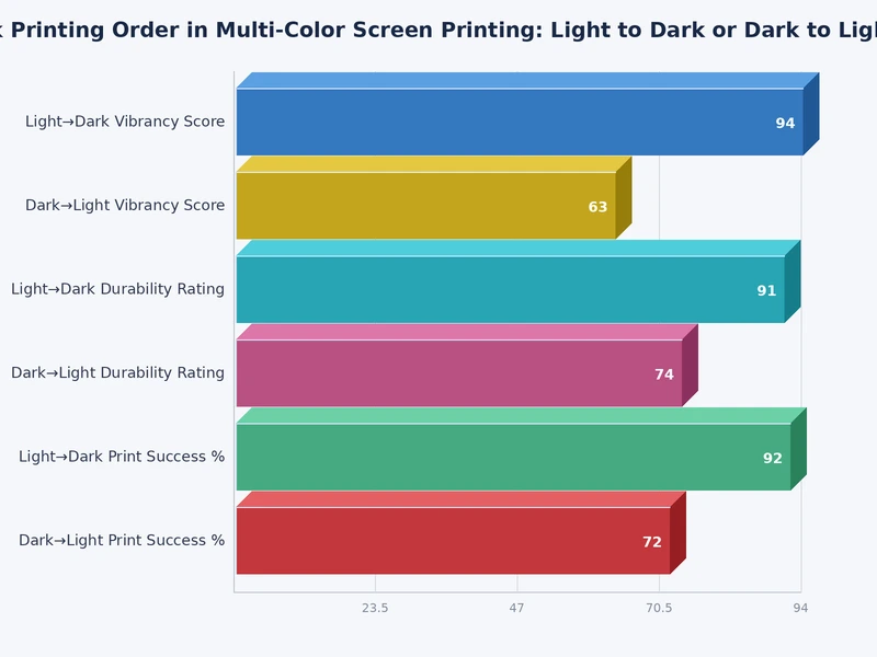 Chart comparing light-to-dark and dark-to-light screen printing ink color order strategies across garment types and ink systems