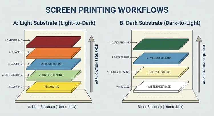 Infographic summarizing screen printing ink color order rules for spot color and simulated process jobs on light and dark garments