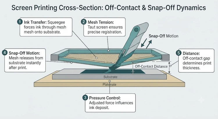 Infographic showing how off-contact distance affects ink transfer quality, edge sharpness, and mesh snap-off in screen printing