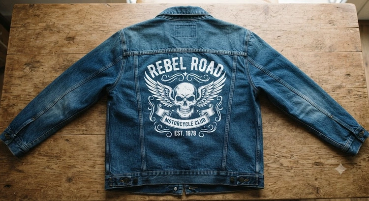 screen printing on denim jackets and jeans with bold single-color design