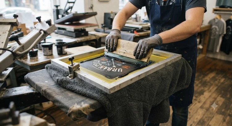 Screen printing on fleece hoodie with bold graphic design showing ink on pile fabric surface
