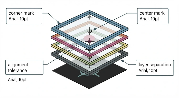 Infographic showing screen printing registration marks setup steps from film separation to press lock-down