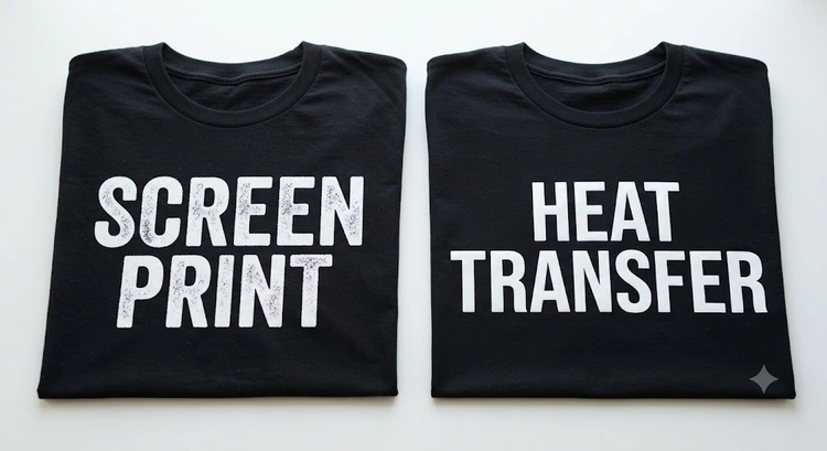 Screen printing vs heat transfer vinyl comparison for custom t-shirts side by side