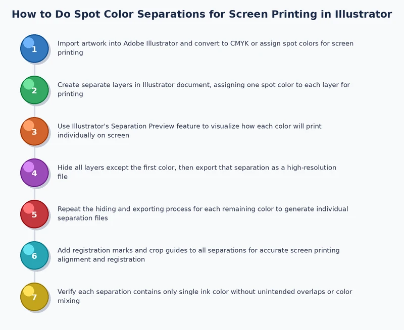 Spot color separation process diagram showing Illustrator layers outputting to individual screen printing films