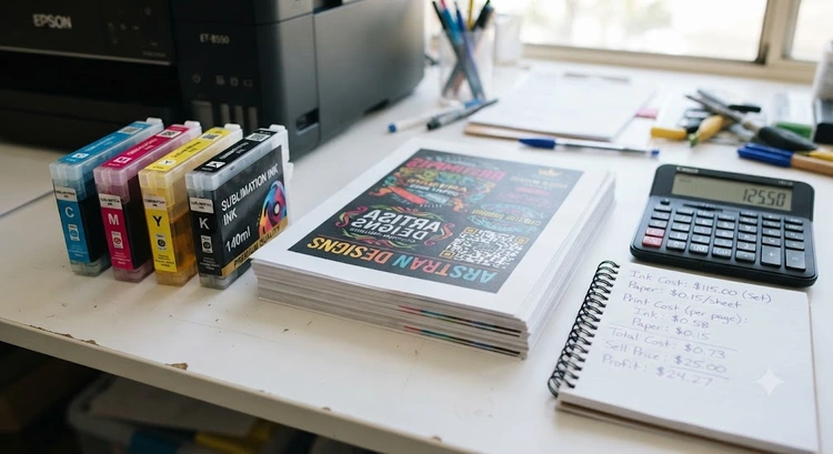 Sublimation ink cartridges alongside printed transfer sheets illustrating sublimation ink cost per print