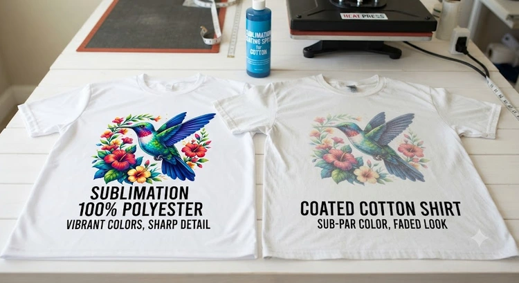 sublimation on cotton t-shirts showing polymer coating applied to white cotton fabric before heat press transfer