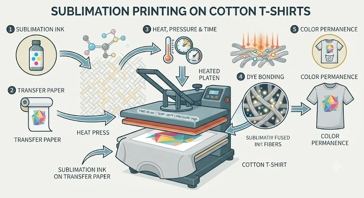 infographic summary of sublimation on cotton t-shirts steps including pre-treatment heat press settings and care instructions