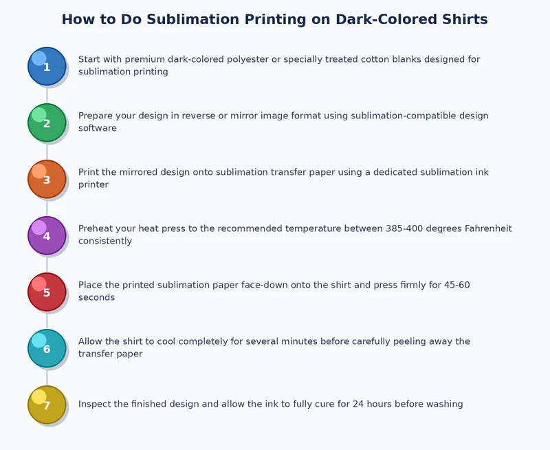 Step-by-step process diagram for sublimation on dark shirts showing the white HTV base method and heat press sequence