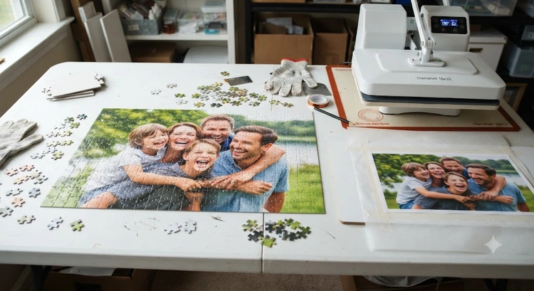 Finished sublimation photo puzzle showing vibrant full-color photograph on white interlocking puzzle pieces