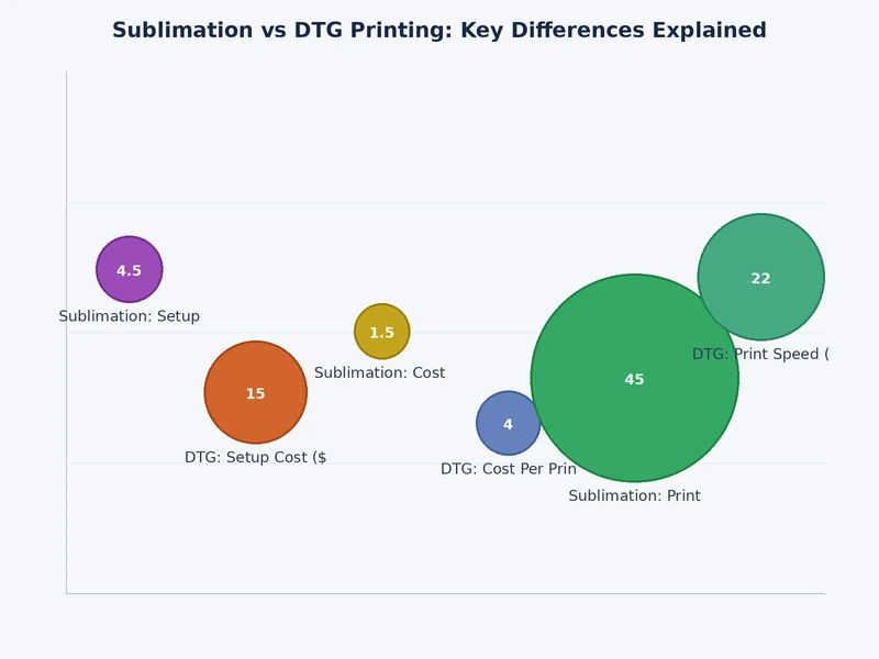bar chart comparing sublimation vs dtg printing across cost, durability, fabric compatibility, and setup investment