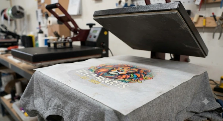 Teflon sheet placed over an HTV design on a heat press platen before pressing