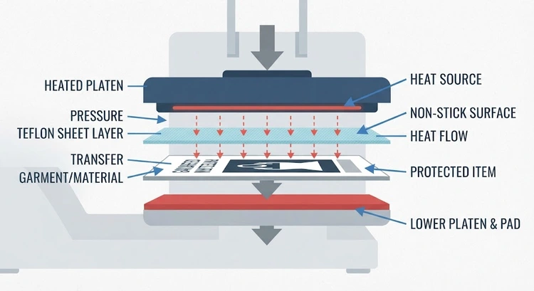 Infographic showing teflon sheet heat press placement steps, thickness guide, and maintenance checkpoints