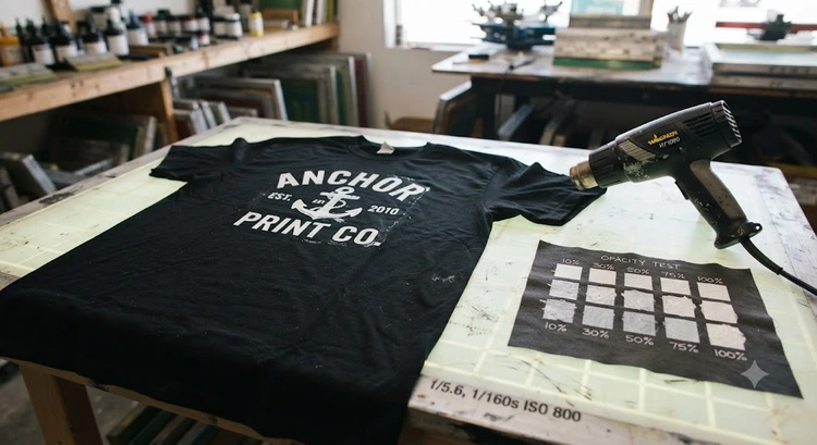 Water based ink screen printing dark shirts with squeegee, mesh screen, and underbase layer